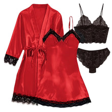 Load image into Gallery viewer, Sexy Lingerie, LOFIR Silk Satin Pajamas for Women, Womens Summer Pajamas Pjs Sets of 4 Pcs with Floral Lace Top Shorts and Robe, Gift for Women