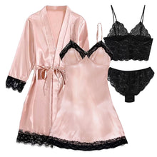 Load image into Gallery viewer, Sexy Lingerie, LOFIR Silk Satin Pajamas for Women, Womens Summer Pajamas Pjs Sets of 4 Pcs with Floral Lace Top Shorts and Robe, Gift for Women