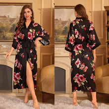 Load image into Gallery viewer, Robes for Women, LOFIR Womens Long Silk Kimono Robes, Satin Silky Bathrobe Robe Soft Floral Bridesmaid Robes for Women, Ladies Sleepwear