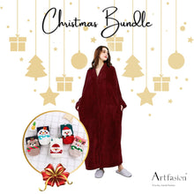 Load image into Gallery viewer, Artfasion's Christmas Bundle Wine Red Zip Up Bathrobe Plus Cute Christmas Socks (5 Pairs)