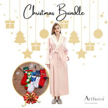Load image into Gallery viewer, Artfasion's Christmas Bundle Pink Fluffy Bathrobe plus Cute Christmas Socks (5 Pairs)