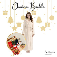 Load image into Gallery viewer, Artfasion's Christmas Gift Bundle Beige Classic Hooded Bathrobe Plus Cute Christmas Socks (5 Pairs)