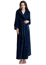Load image into Gallery viewer, classic navy blue flannel bathrobe for women