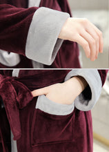 Load image into Gallery viewer, Artfasion Fluffy Plush Red Wine Dressing Gown Bathrobe with Hood and Wide Shawl Collar Wedding Winter Bathrobe Luxury Bathrobe Quality