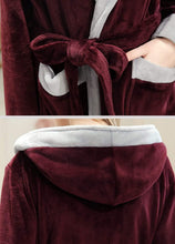 Load image into Gallery viewer, Artfasion Fluffy Plush Red Wine Dressing Gown Bathrobe with Hood and Wide Shawl Collar Wedding Winter Bathrobe Luxury Bathrobe Quality