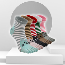 Load image into Gallery viewer, Artfasion Cute Stripes Cat Design 5 Finger Crew Socks for Women, 5 Pairs