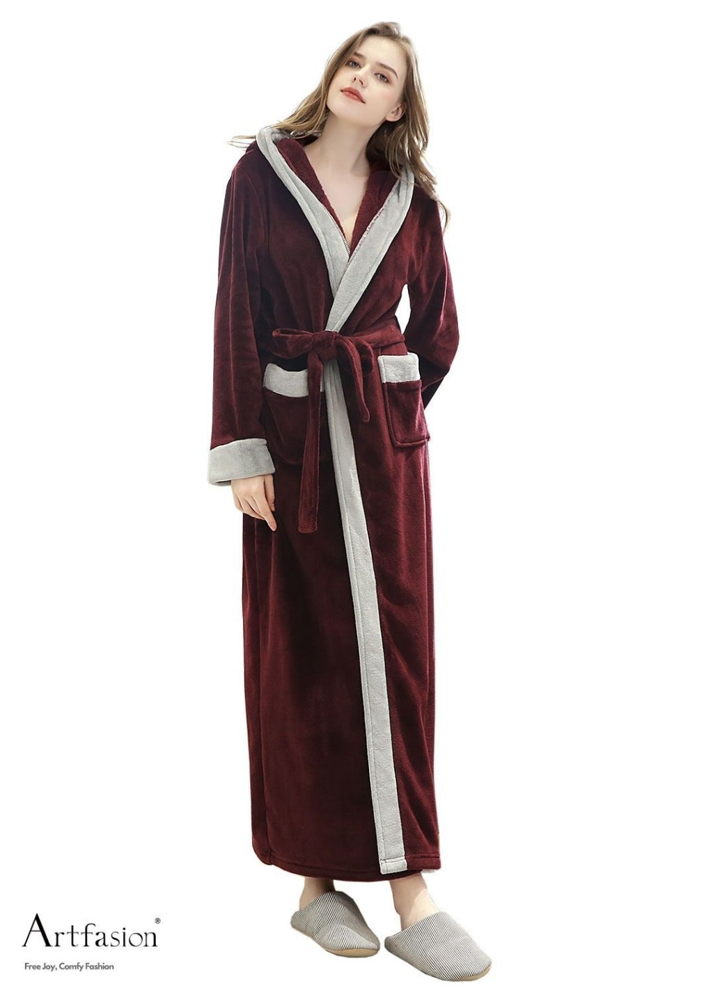 Artfasion Fluffy Plush Red Wine Dressing Gown Bathrobe with Hood and W Artfasion Fluffy Plush Red Wine Dressing Gown Bathrobe with Hood and W