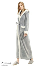 Load image into Gallery viewer, Artfasion Fluffy Plush Light Grey Dressing Gown Bathrobe with Hood and Wide Shawl Collar Wedding Winter Bathrobe Luxury Bathrobe Quality