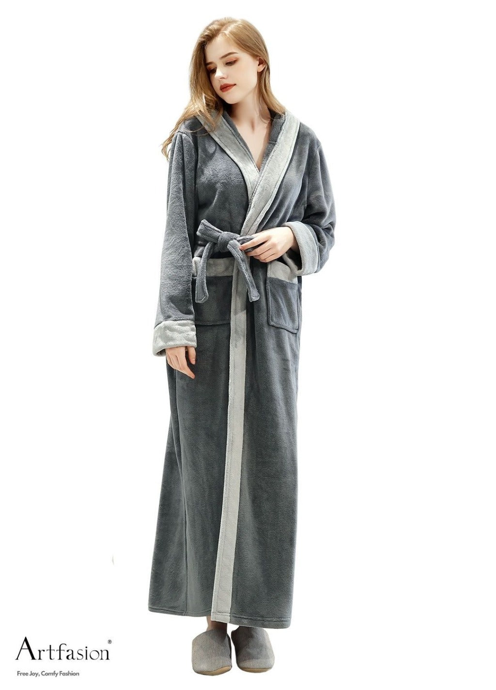 Artfasion Fluffy Plush Grey Dressing Gown Bathrobe with Hood and Wide Artfasion Fluffy Plush Grey Dressing Gown Bathrobe with Hood and Wide