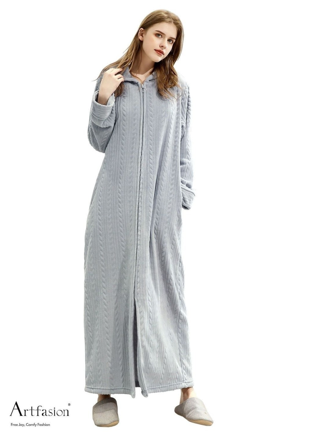 Artfasion Light Grey Hooded Flannel Zip Up Dressing Gown Bathrobe For