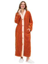Load image into Gallery viewer, Women's Jacquard Plush Robe, Button Front Full Length Bathrobe with Pockets and Contrast Trim
