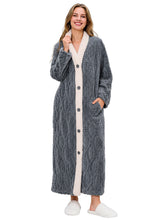 Load image into Gallery viewer, Women's Jacquard Plush Robe, Button Front Full Length Bathrobe with Pockets and Contrast Trim

