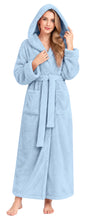 Load image into Gallery viewer, Women's Hooded Plush Robe Soft Fleece Long Bathrobe with Belt and Pockets, Warm Full Length Cozy Lounge Robe for Winter Homewear
