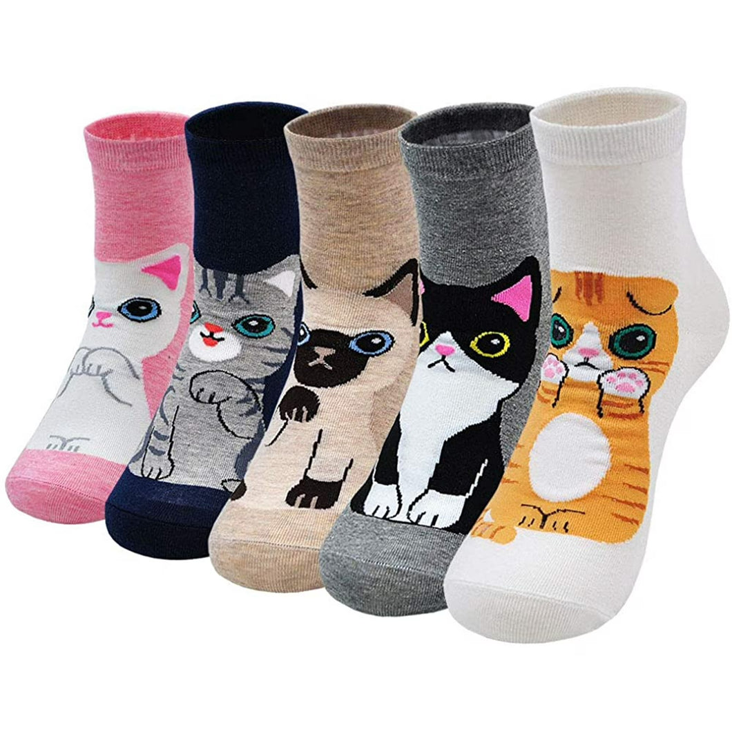 Women's Funny Cute Ankle Socks Novelty Cat Dog Animal Pattern Soft Cotton Crew Socks for Women, 5 Pairs