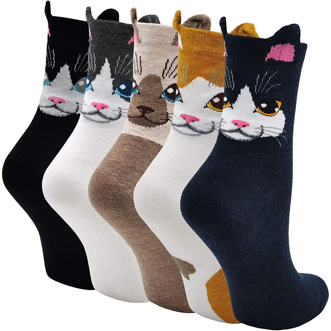 Womens Casual Cotton Crew Socks Cute Cat Animal Pattern Novelty Liner Ankle Socks for Women & Ladies, 5 Pairs