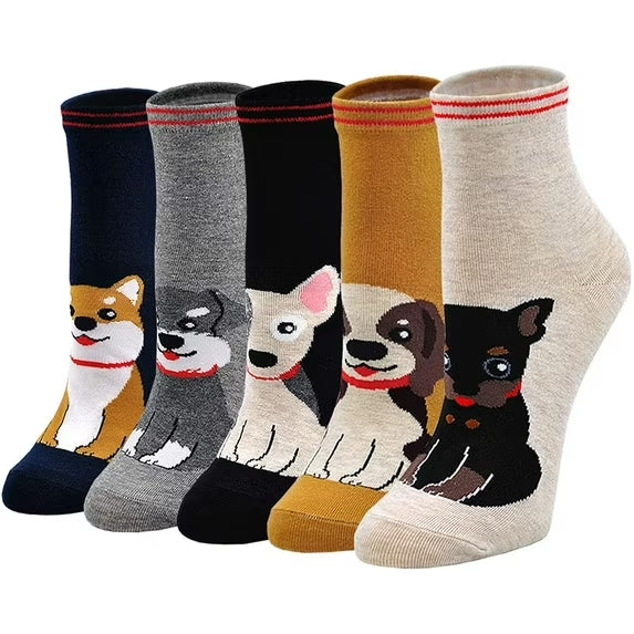 Women's Funny Cute Ankle Socks Novelty Dog Animal Pattern Soft Cotton Crew Socks for Women, 5 Pairs