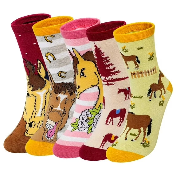 Soft Cotton Animal Patterns Crew Cute Toddler Socks, Breathable & Seamless, Novelty Socks horse Socks Age 2-12 Years, 5 Pairs