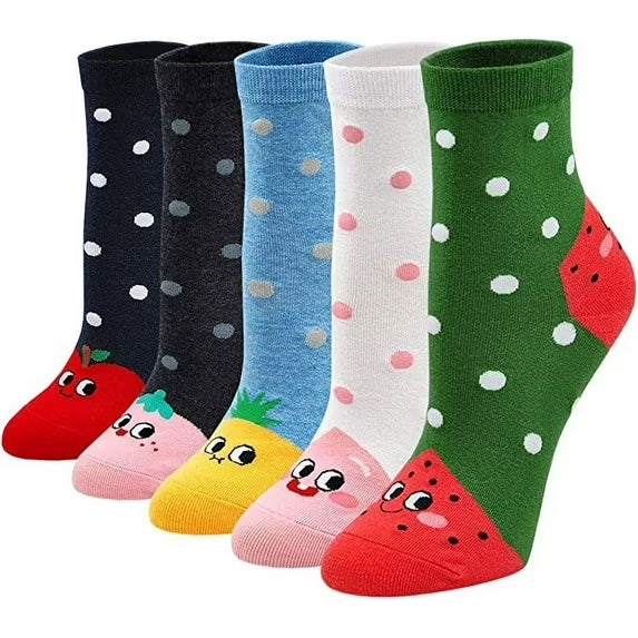 Women's Casual Cotton Crew Socks Cute Fruit Cartoon Pattern Novelty Lined Ankle Socks for Women, 5 Pairs