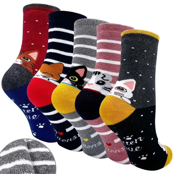Socks for Women, Warm Thick Winter Funny Cute Cartoon Cat Cotton Socks, Soft Cozy Womens Crew Socks for Cold Weather Christmas Gifts for Women, 5 Pairs