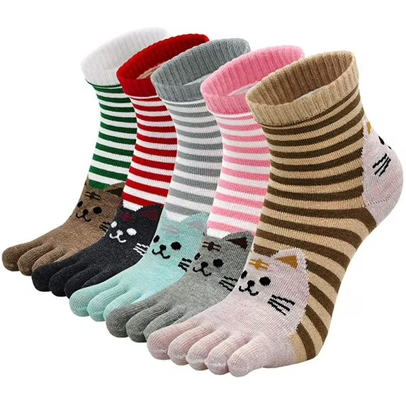 Womens Toe Socks 5 Finger Cotton Comfy Novelty Cute Cat Animal Athletic Ankle Crew Sock for Ladies, 5 Pairs