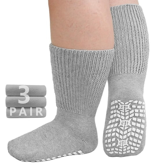3 Pairs Diabetic Socks for Men Women , Non Slip Grip Socks Hospital Socks with Gripper for Women, Extra Wide Calf Socks for Swollen Feet