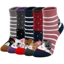 Load image into Gallery viewer, Womens Fuzzy Socks, Cozy Winter Warm Fluffy Cute Cat Animal Home Slipper Ankle Socks for Women and Girls, 5 Pack
