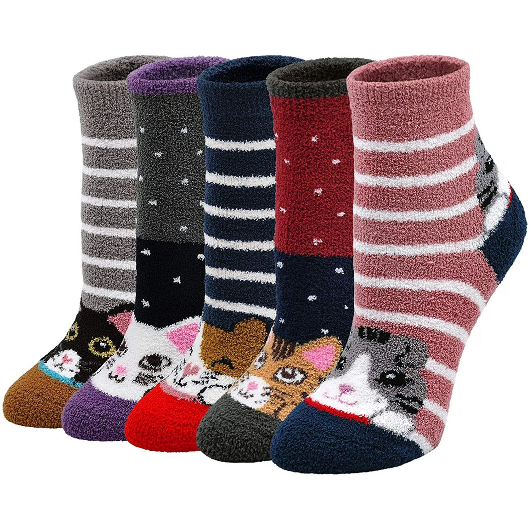 Womens Fuzzy Socks, Cozy Winter Warm Fluffy Cute Cat Animal Home Slipper Ankle Socks for Women and Girls, 5 Pack