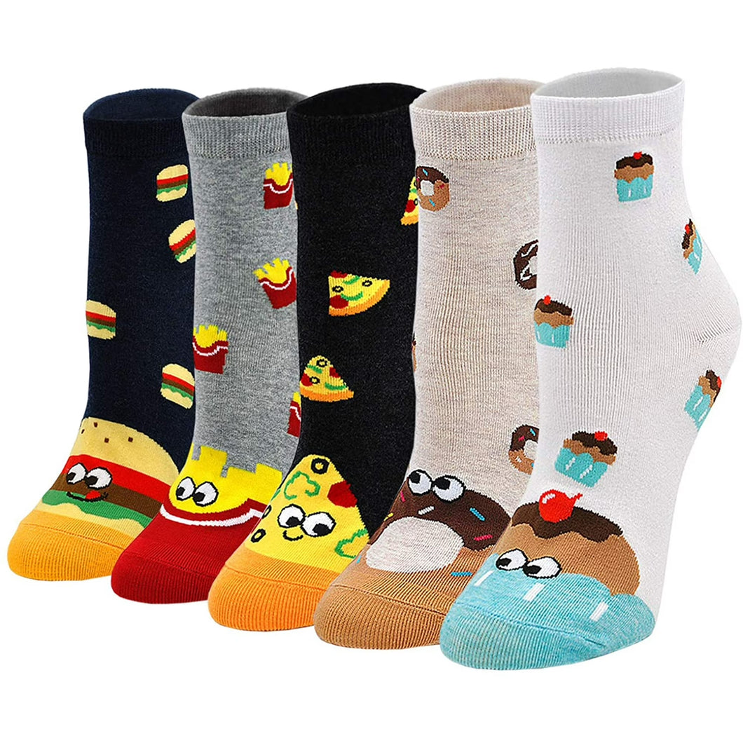 Women's Novelty Casual Ankle Socks Funny Food Cartoon Pattern Colourful Cotton Cute Crew Socks, 5 Pairs