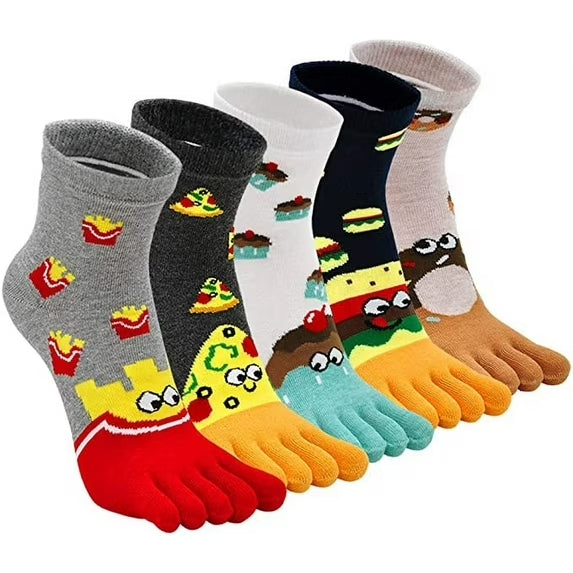 Womens Toe Socks, Comfy Cotton Novelty Cute Cat Animal Pattern Casual Ankle Socks for Running Athletic, 5 Pairs