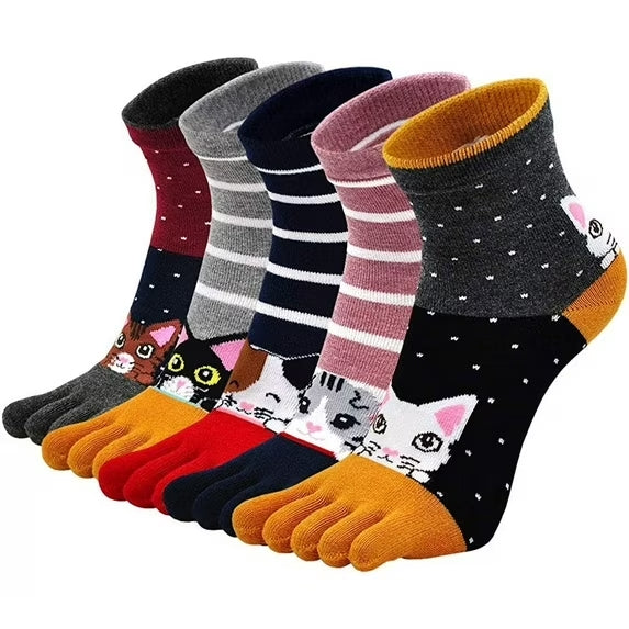 Womens Toe Socks Comfy Cotton Novelty Cute Cat Animal Pattern Casual Ankle Finger Socks for Running Athletic, 5 Pairs