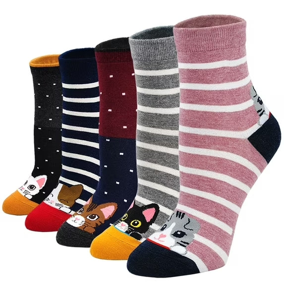 Crazy Funny Cute Socks for Women, Novelty Cartoon Dog Cat Animal Soft Cotton Crew Socks for Women Ladies, 5 Pairs