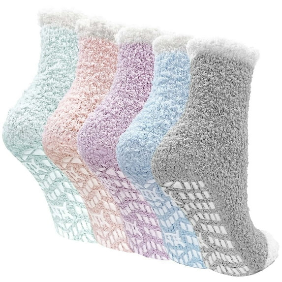 Slipper Socks, Winter Warm Fleece Fluffy Socks 5 Pairs Gripper Socks for Women 6-10 , Soft Cozy Non Slip Socks Women Gifts