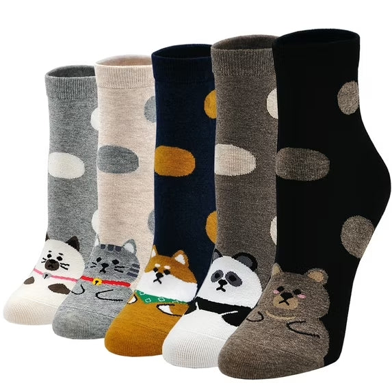 Women's Cotton Animal Polka Dot Crew Socks, Multicolor (5)