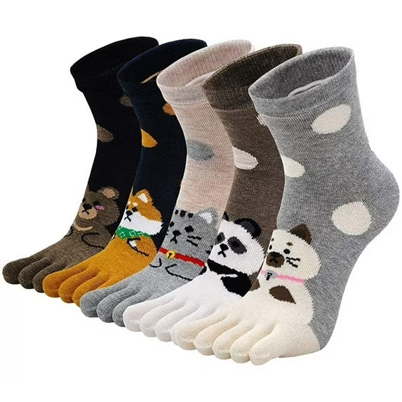 Toe Socks for Womens - Comfy Cotton Novelty Cute Cat Animal Pattern Casual Ankle Finger Socks for Running Athletic, 5 Pairs