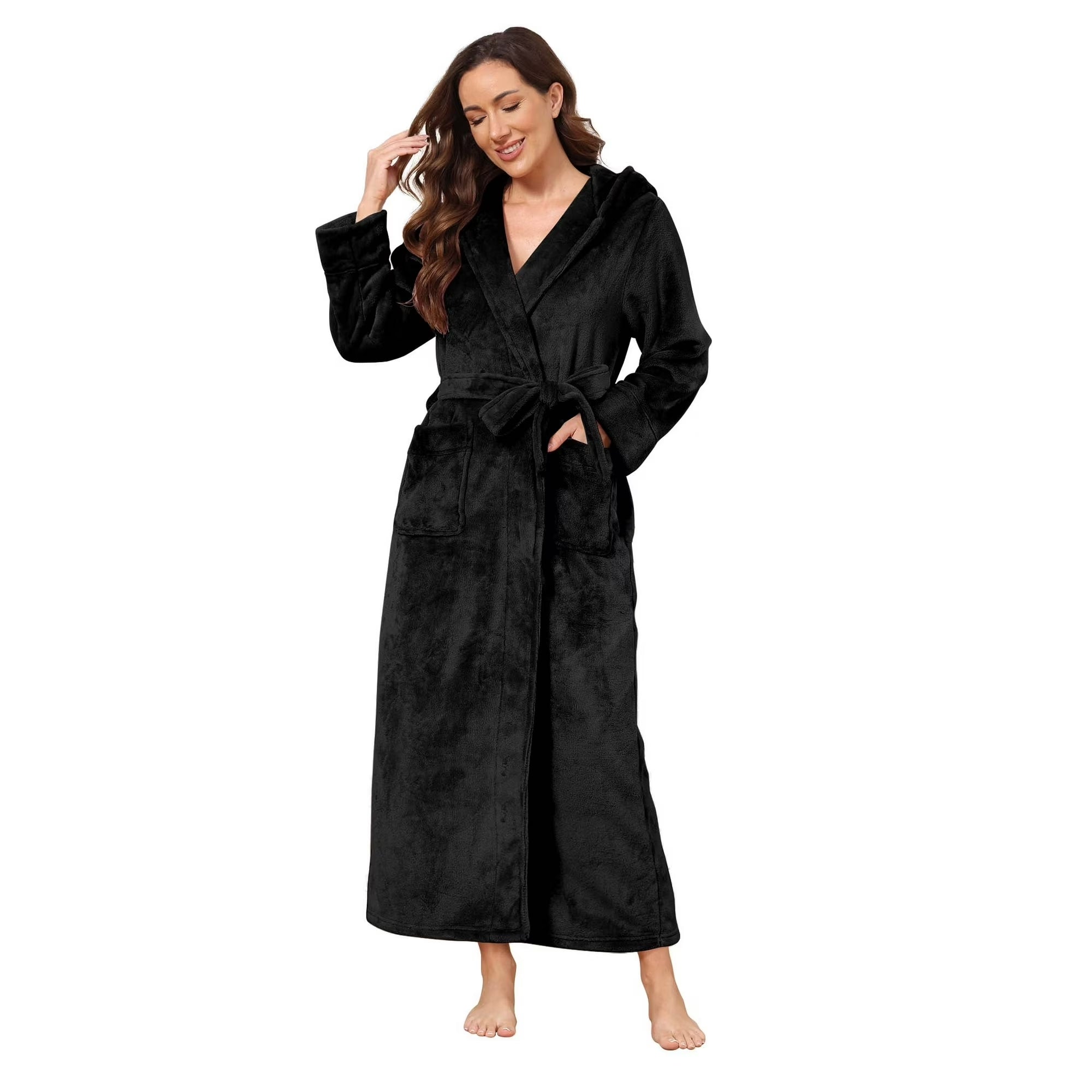 chinese dress ladies Black Super Soft Woollen Hoodie Robe  FEATHERS CLOSET