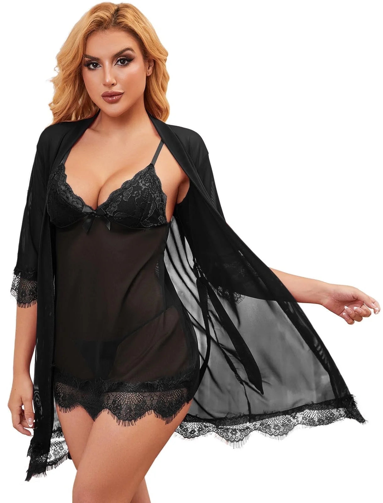 Women Sexy Lingerie Set 3 Piece Lace Kimono Robe Strap Chemise Sleepwe Artfasion Women Sexy Lingerie Set 3 Piece Lace Kimono Robe Strap Chemise Sleepwe Artfasion