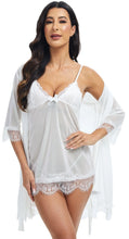 Load image into Gallery viewer, Women Sexy Lingerie Set 3 Piece Lace Kimono Robe Strap Chemise Sleepwear Mesh Nightgown
