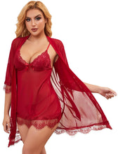 Load image into Gallery viewer, Women Sexy Lingerie Set 3 Piece Lace Kimono Robe Strap Chemise Sleepwear Mesh Nightgown
