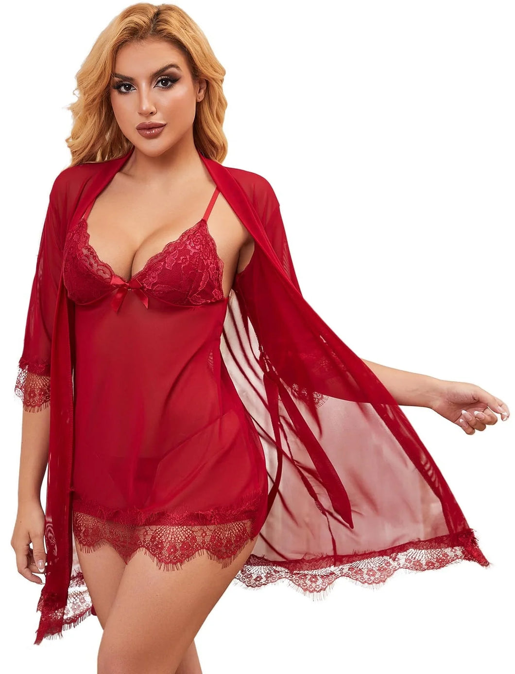 Women Sexy Lingerie Set 3 Piece Lace Kimono Robe Strap Chemise Sleepwear Mesh Nightgown