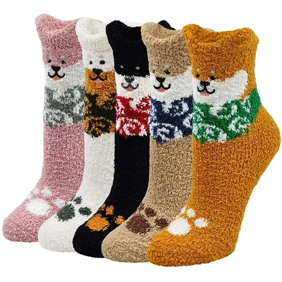 5 Pairs Women Fuzzy Socks Cute Cat Pattern Cozy Plush Sleeping Slipper Socks Winter Warm Soft Fluffy Crew Socks