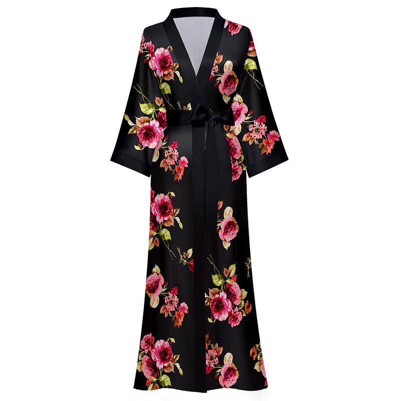 Robes for Women, LOFIR Womens Long Silk Kimono Robes, Satin Silky Bathrobe Robe Soft Floral Bridesmaid Robes for Women, Ladies Sleepwear