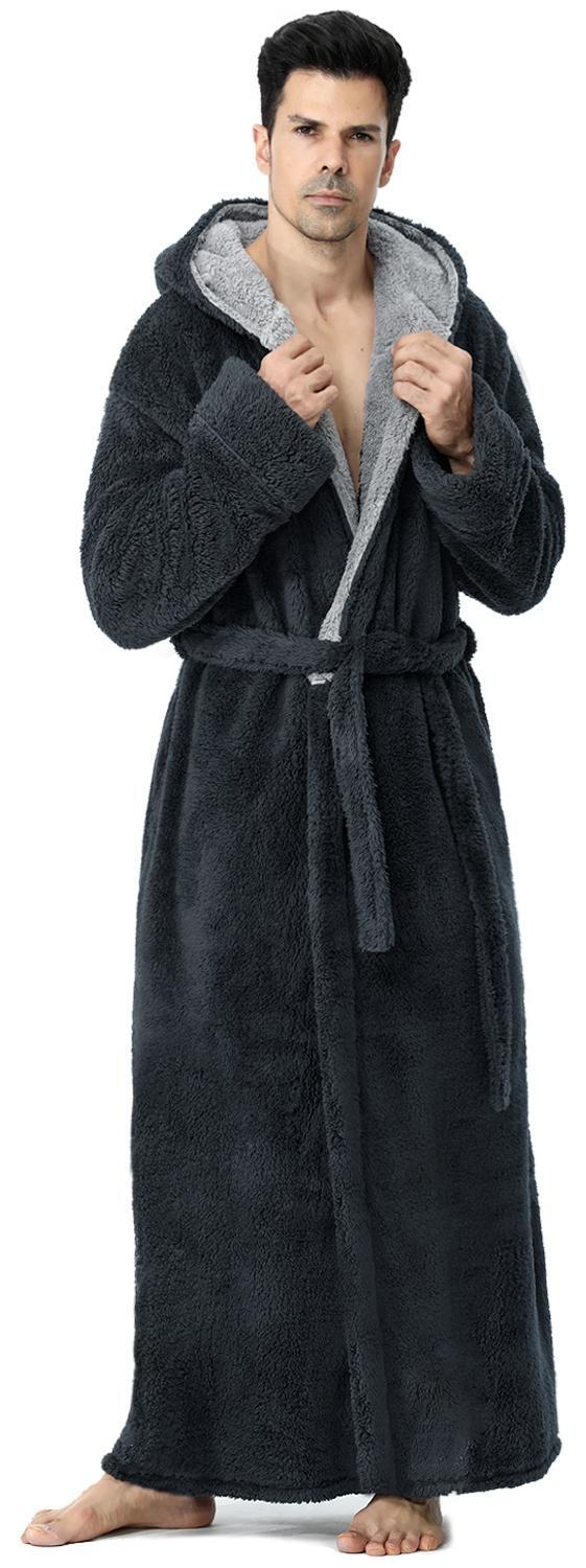 Artfasion Long Mens Robes, Warm Soft Plush Mens Robe with Hood, Plus Size Plus Thick Robe for Men with Side Pocket and Belt, Bathrobes for Men Gifts, Gray, L