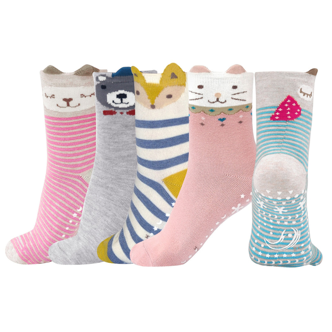 Artfasion Non-Slip Girls Ankle Socks With Grips - Novelty Cute Animal Pattern Cotton Crew Socks for 11-14 Years Girls & Boys, 5 Pairs