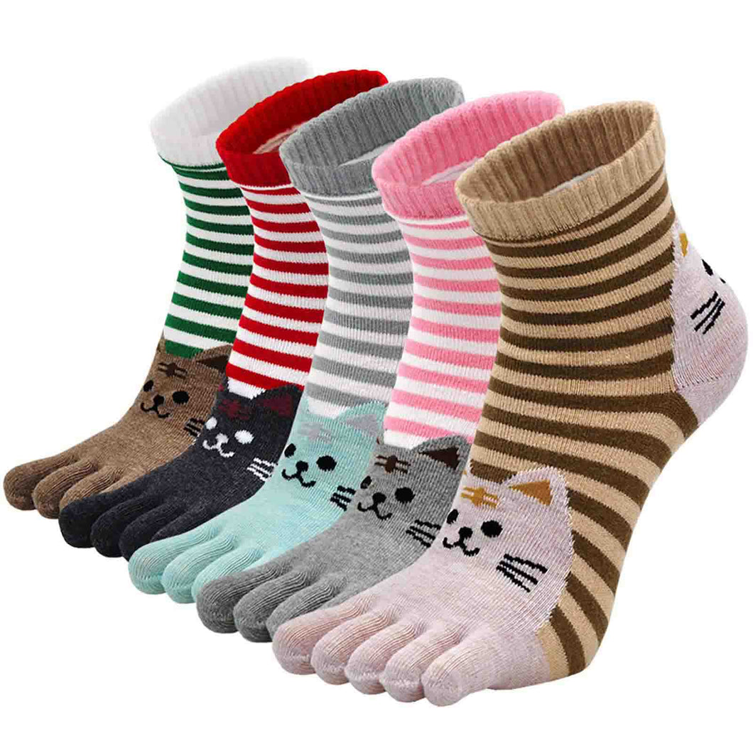 LOFIR Womens Toe Socks 5 Finger Cotton Comfy Novelty Cute Cat Animal Athletic Ankle Crew Sock for Ladies, 5 Pairs