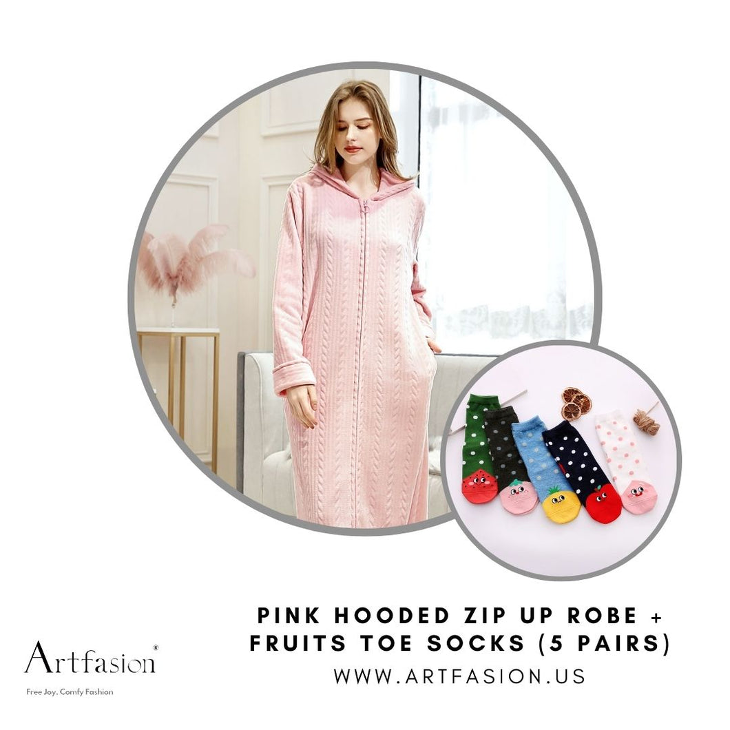 Pink Zip Up Hooded Bathrobe Plus Fruit 5 pairs of Socks for Women