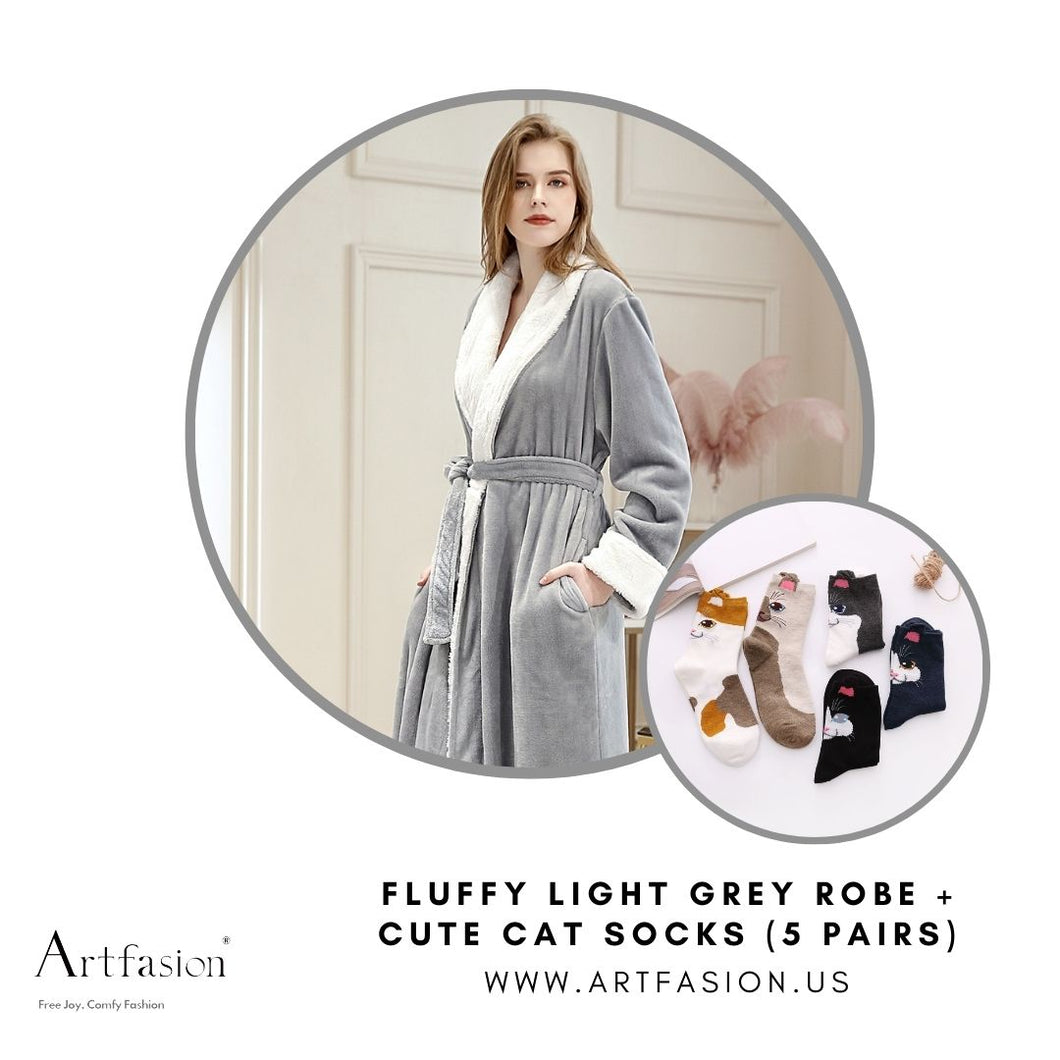 Fluffy Grey Bathrobe Plus Cute Cat Face Socks for Women, 5 Pairs