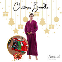 Load image into Gallery viewer, Artfasion&#39;s Christmas Bundle Rose Red Zip Up Bathrobe Plus Cute Christmas Socks
