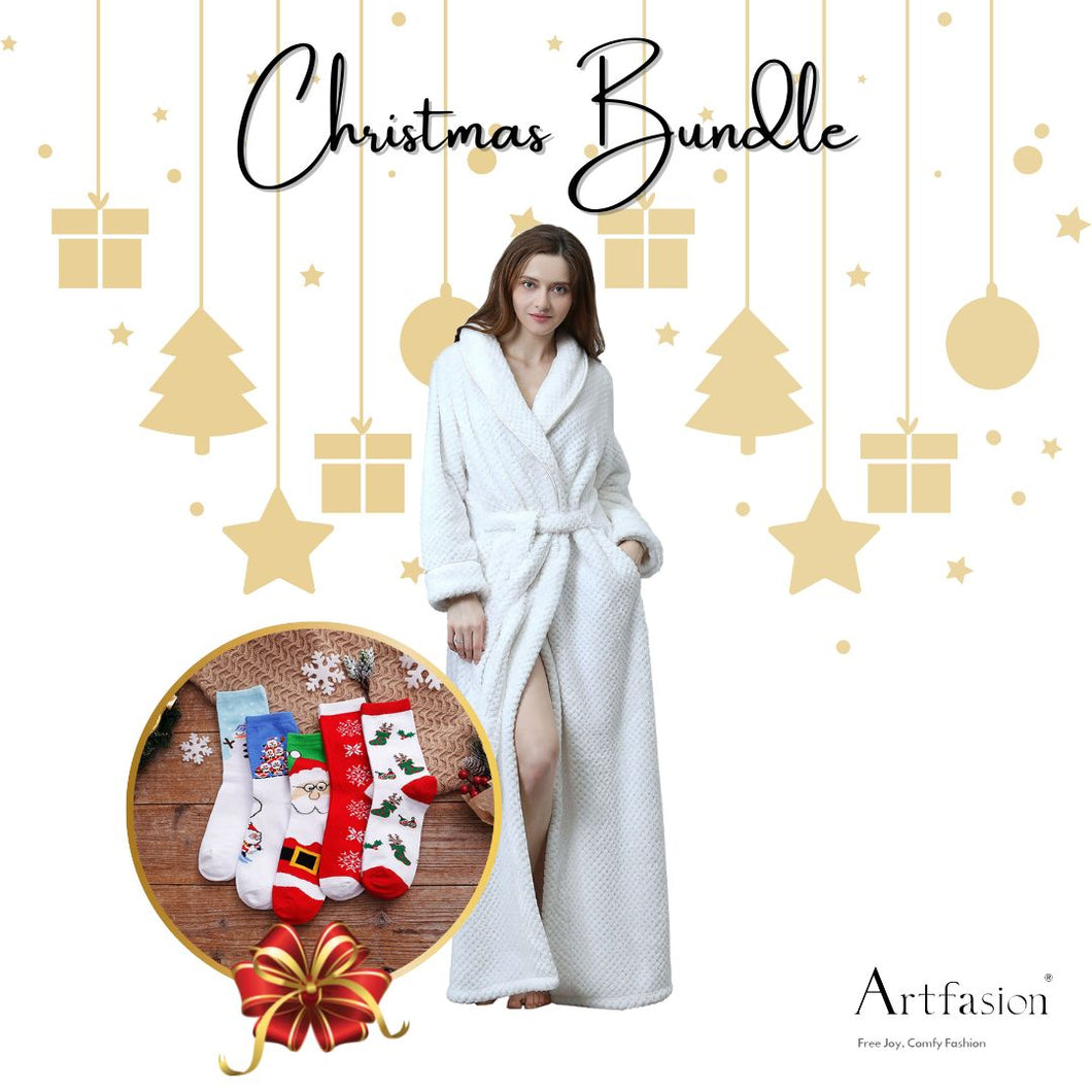 Artfasion's Christmas Bundle White Classic Bathrobe Plus Cute Christmas Socks (5 Pairs)