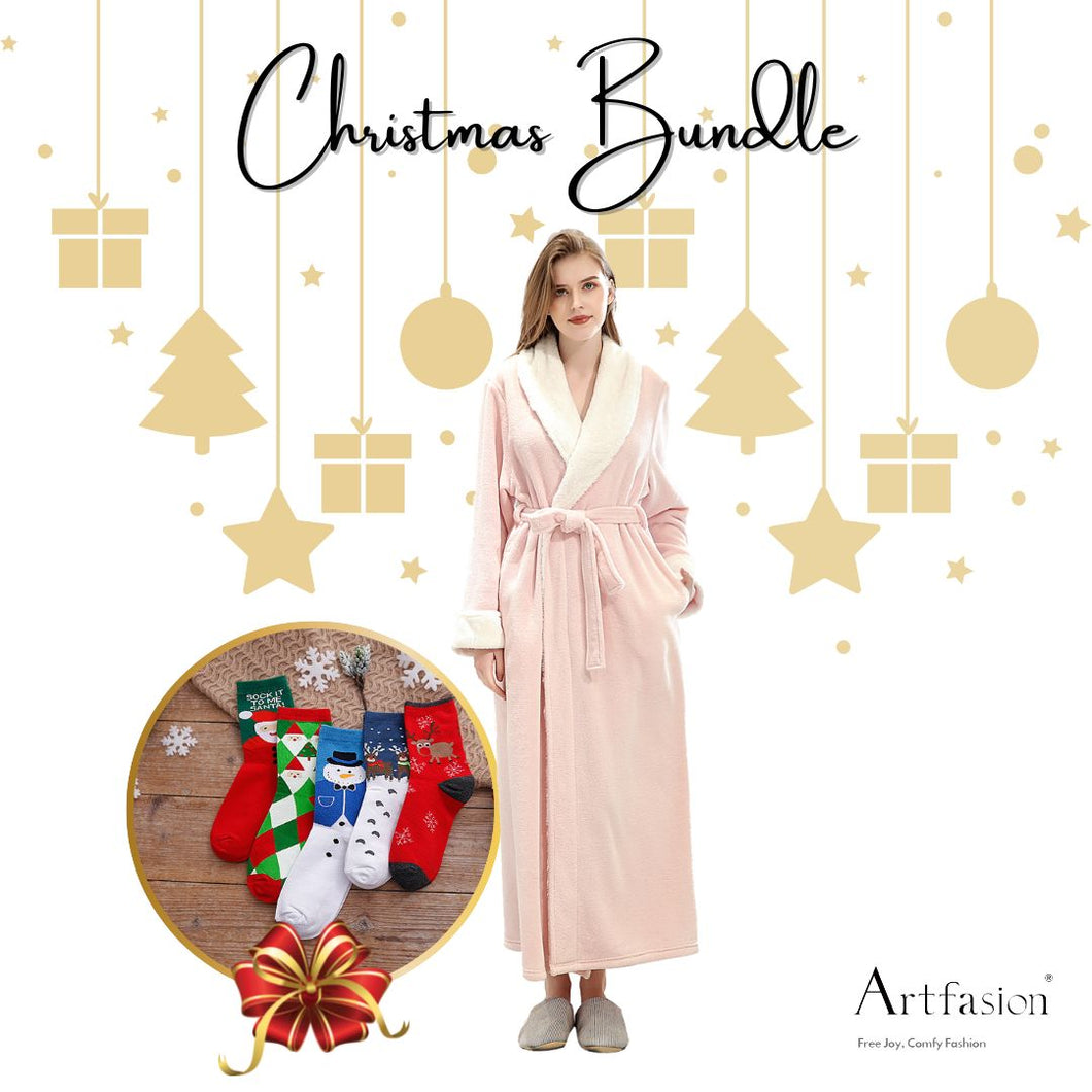 Artfasion's Christmas Bundle Pink Fluffy Bathrobe plus Cute Christmas Socks (5 Pairs)