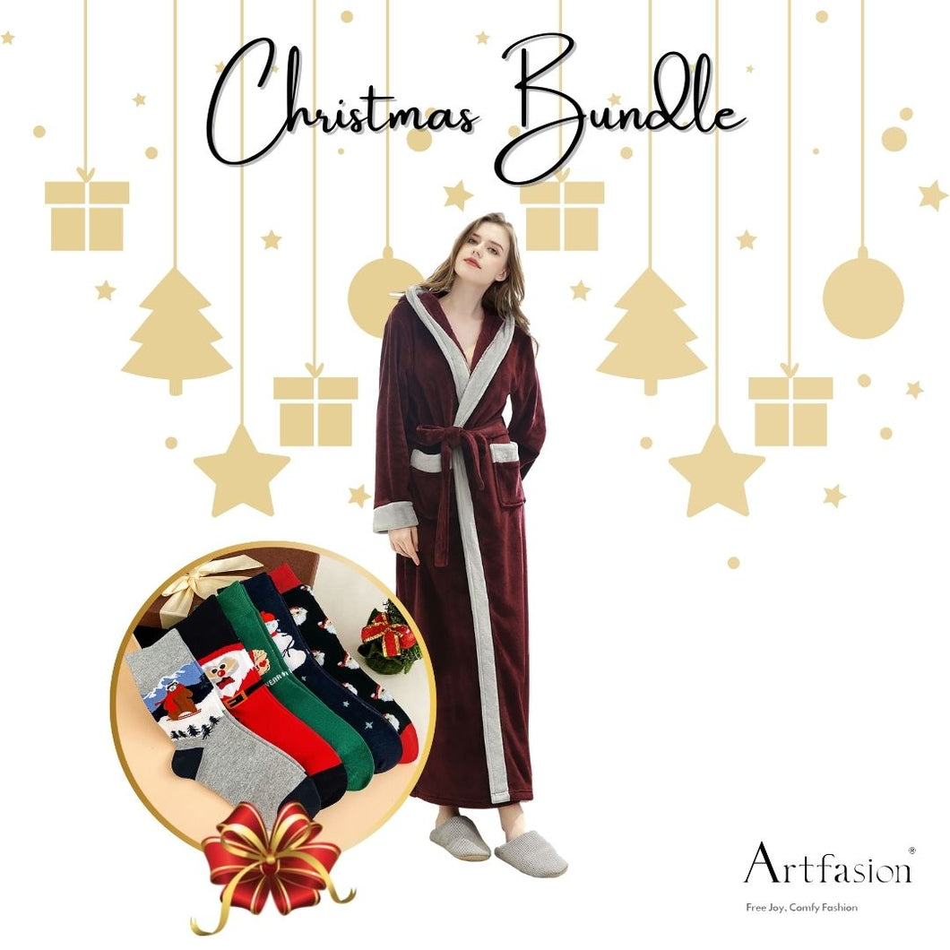 Artfasion's Christmas Bundle Wine Red Fluffy Hooded Bathrobe Plus Cute Christmas Socks (5 Pairs)